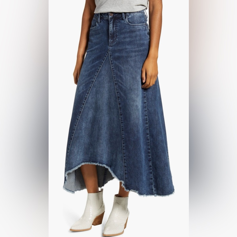 WASH LAB Cotton Medium-Dark Wash Asymmetrical Frayed Hem Denim Modest Skirt Sz L - Picture 3 of 15